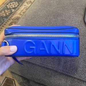 Royal Blue Leather Embossed Ganni Camera Bag with Strap